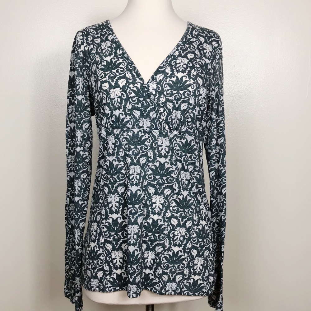 Prana Gray Cream Floral Long Sleeve Soft Knit Top